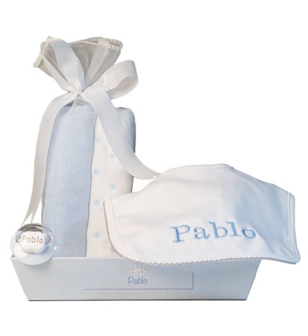 Muselina babero y chupete personalizado azul