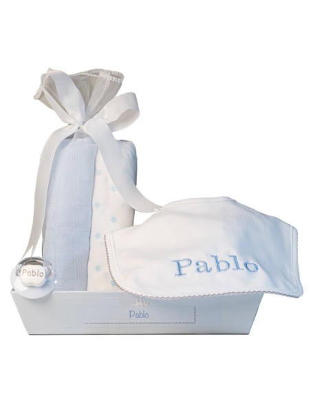 Muselina babero y chupete personalizado azul