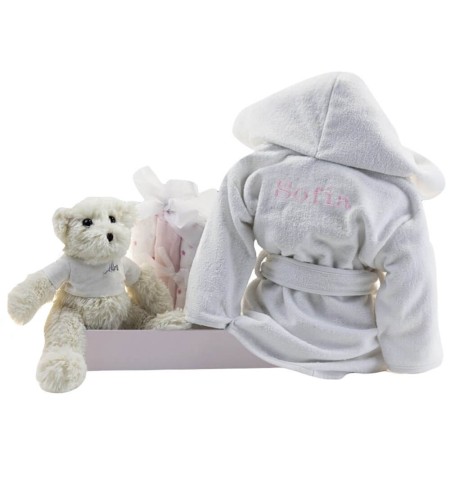 Kit Albornoz Bordado Muselina y Osito de Peluche rosa
