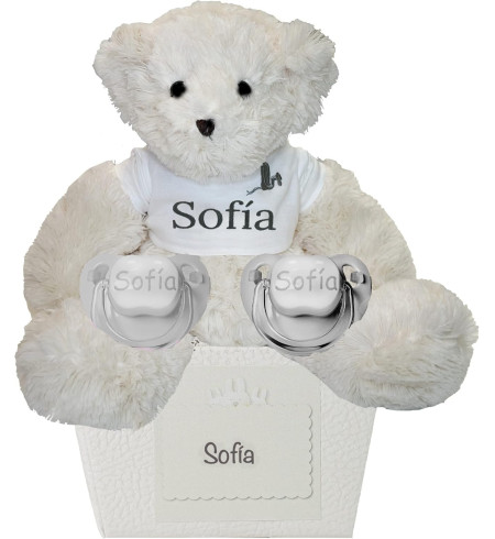 Pack de 2 chupones personalizados y oso de peluche | Regalo único para bebé