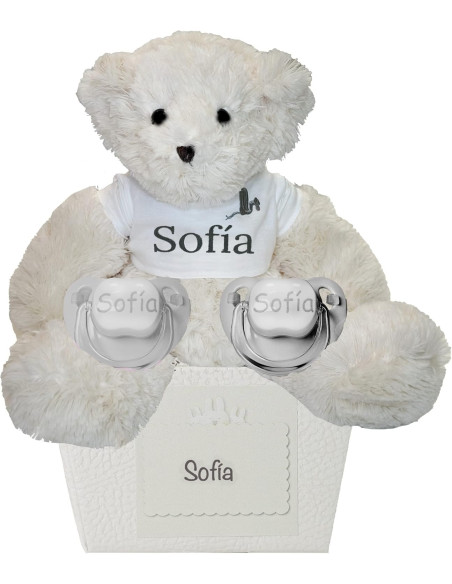 Pack de 2 chupones personalizados y oso de peluche | Regalo único para bebé