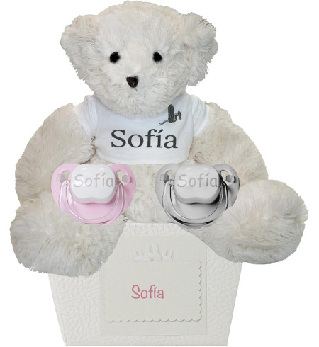 Pack de 2 chupones personalizados y oso de peluche | Regalo único para bebé