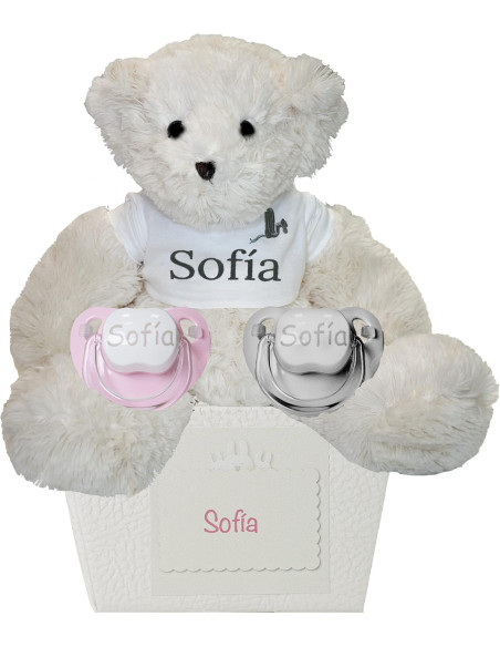 Pack de 2 chupones personalizados y oso de peluche | Regalo único para bebé