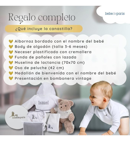 Canastilla con Albornoz Bordado para Bebé | Regalo Personalizado - Bebé de París