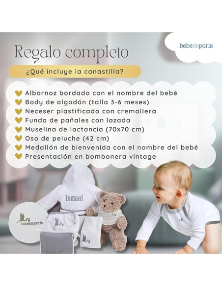 Canastilla con Albornoz Bordado para Bebé | Regalo Personalizado - Bebé de París