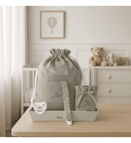 Pack chupón personalizado, sujetachupón, funda y bolsa para guardería