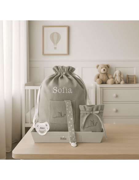 Pack chupón personalizado, sujetachupón, funda y bolsa para guardería