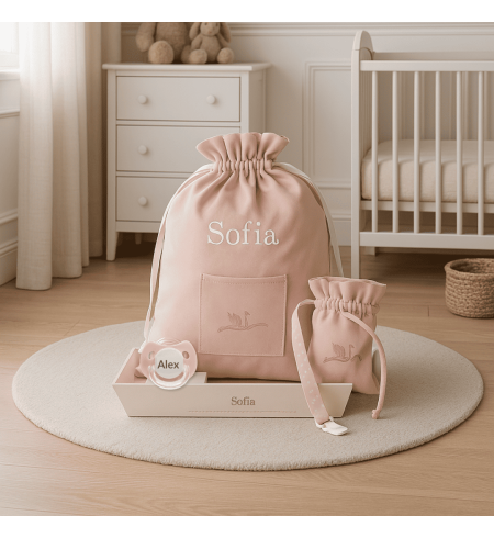 Pack chupón personalizado, sujetachupón, funda y bolsa para guardería