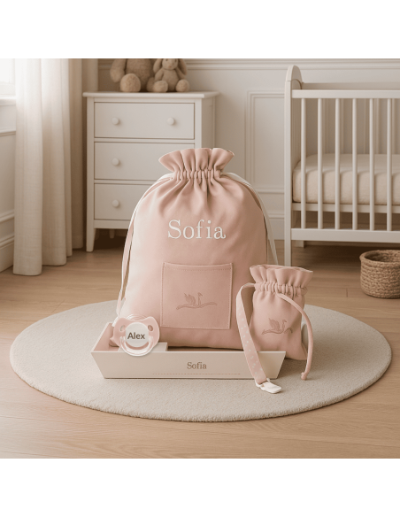 Pack chupón personalizado, sujetachupón, funda y bolsa para guardería