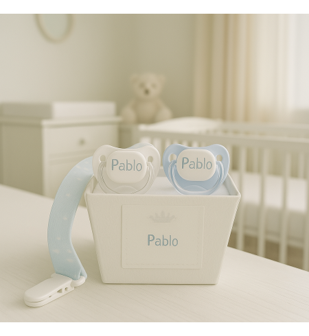 Pack de 2 chupones, Doudou personalizado y sujetachupón | Regalo único para bebé