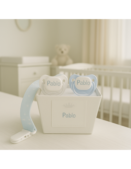 Pack de 2 chupones, Doudou personalizado y sujetachupón | Regalo único para bebé