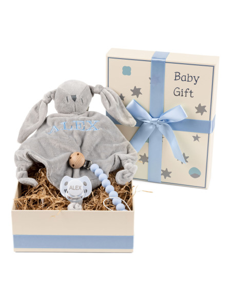 Caja de Regalo con Chupón, Dou-Dou Bordado y Pinza de Silicona – Ideal para Bebé