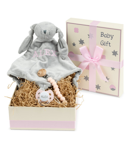 Caja de Regalo con Chupón, Dou-Dou Bordado y Pinza de Silicona – Ideal para Bebé