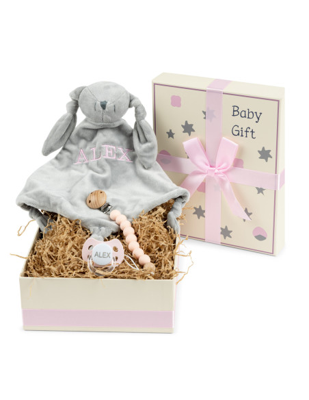 Caja de Regalo con Chupón, Dou-Dou Bordado y Pinza de Silicona – Ideal para Bebé
