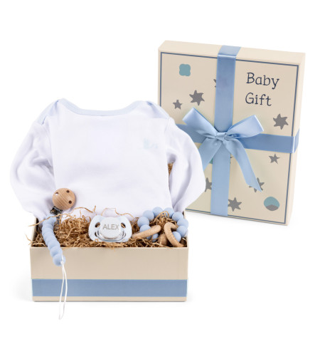 Caja Regalo con Body, Chupón, Mordedor y Pinza – Regalo Bebé con Estilo