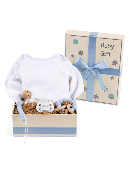 Caja Regalo con Body, Chupón, Mordedor y Pinza – Regalo Bebé con Estilo