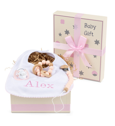 Caja Regalo con Chupón, Mordedera y Babero Personalizado – Ternura y Funcionalidad
