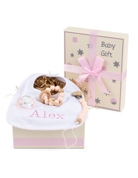 Caja Regalo con Chupón, Mordedera y Babero Personalizado – Ternura y Funcionalidad