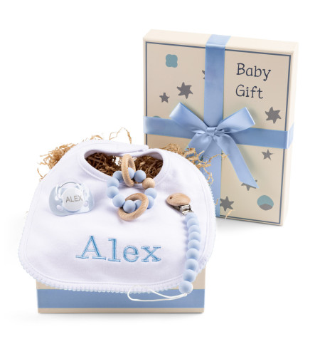 Caja Regalo con Chupón, Mordedera y Babero Personalizado – Ternura y Funcionalidad