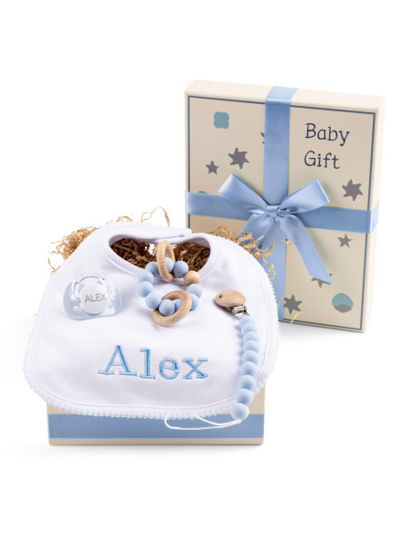 Caja Regalo con Chupón, Mordedera y Babero Personalizado – Ternura y Funcionalidad