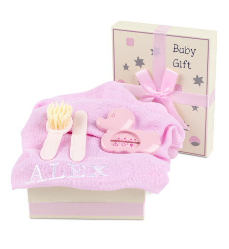 Caja Regalo con Muselina Bordada, Termómetro y Cepillo – Práctico y Adorable