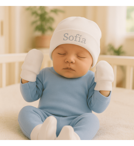Conjunto de patucos, manoplas y gorro personalizado | Regalo único para bebé