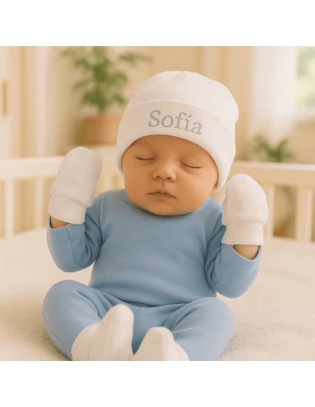 Conjunto de patucos, manoplas y gorro personalizado | Regalo único para bebé