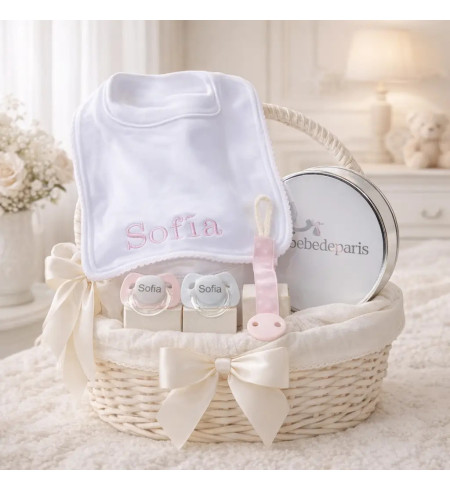 Set de Dos Chupones, Sujetachupón y Babero Personalizados | Regalo para Bebé