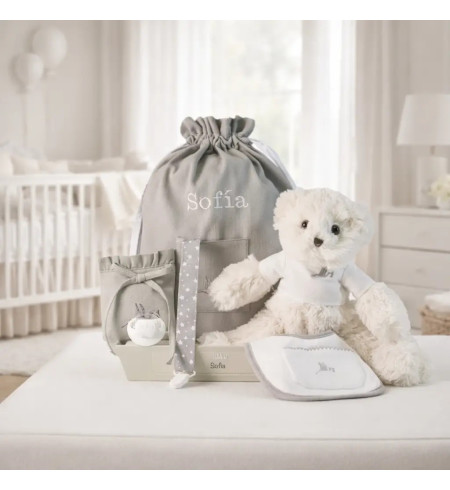 Canastilla con chupón personalizado y complementos | Regalo ideal para recién nacido