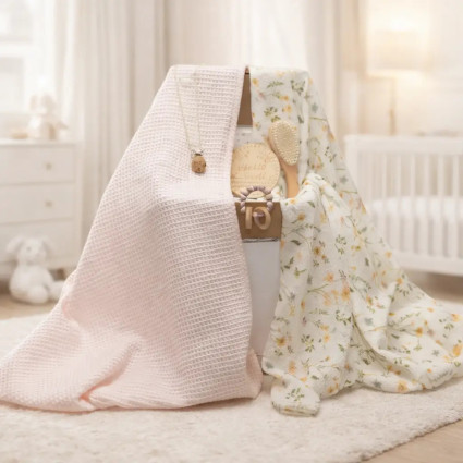 Regalo sostenible y natural: 2 Muselinas, Mordedera y Sujetachupón Rosa para Bebé 2