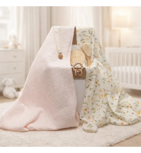 Regalo sostenible y natural: 2 Muselinas, Mordedera y Sujetachupón Rosa para Bebé