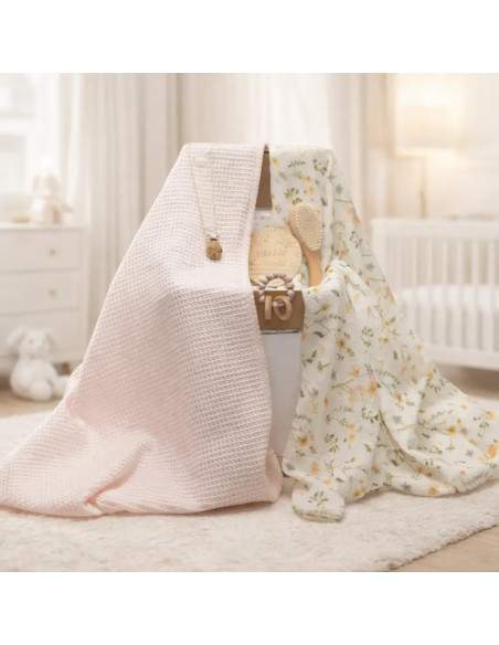 Regalo sostenible y natural: 2 Muselinas, Mordedera y Sujetachupón Rosa para Bebé