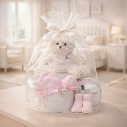 Set de Gorro, Manoplas, Patucos Personalizados y Chupón con Nombre + Osito de Peluche | Regalo para Bebé