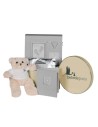Pack Doudou y 2 chupetes personalizados con nombre del bebé con sujetachupetes gris