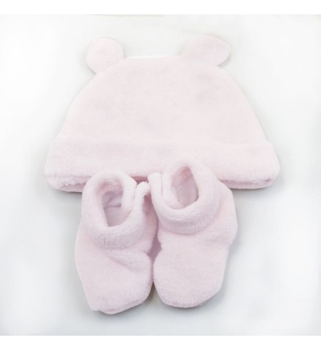 Canastilla Manta Bordada Oso Peluche y Conjunto Gorro y Calcetines rosa